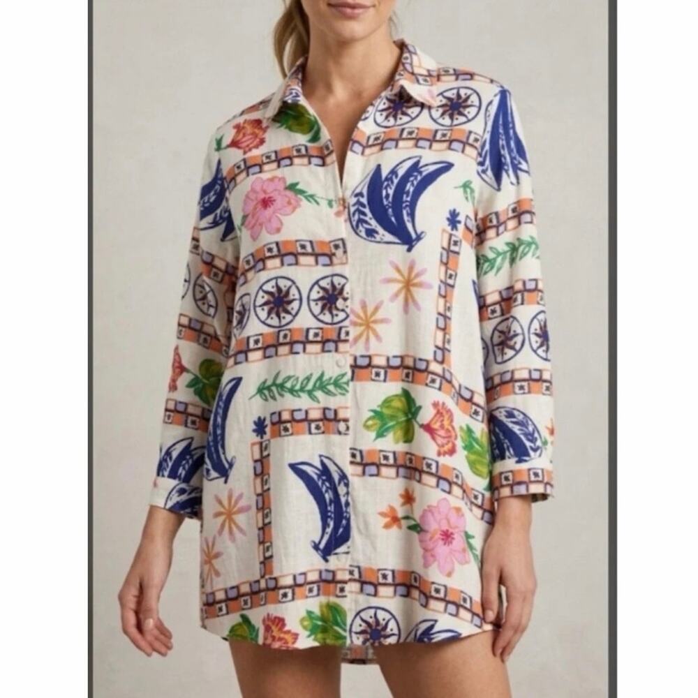 Label of Love Tropical Linen Blend Button Front Tunic Cover Up Shirt Dress Large